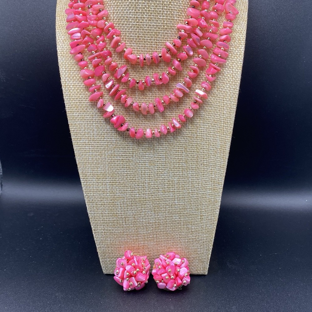 Japan Mother of Pearl Necklace & Earring Set Vintage Pink 4 Strand